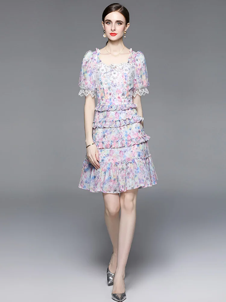 

Runway Summer Chiffon Flower Cake Dress Women's Mesh Puff Sleeve Embroidery Beading Lace Trims Vacation Short Vestido Holiday