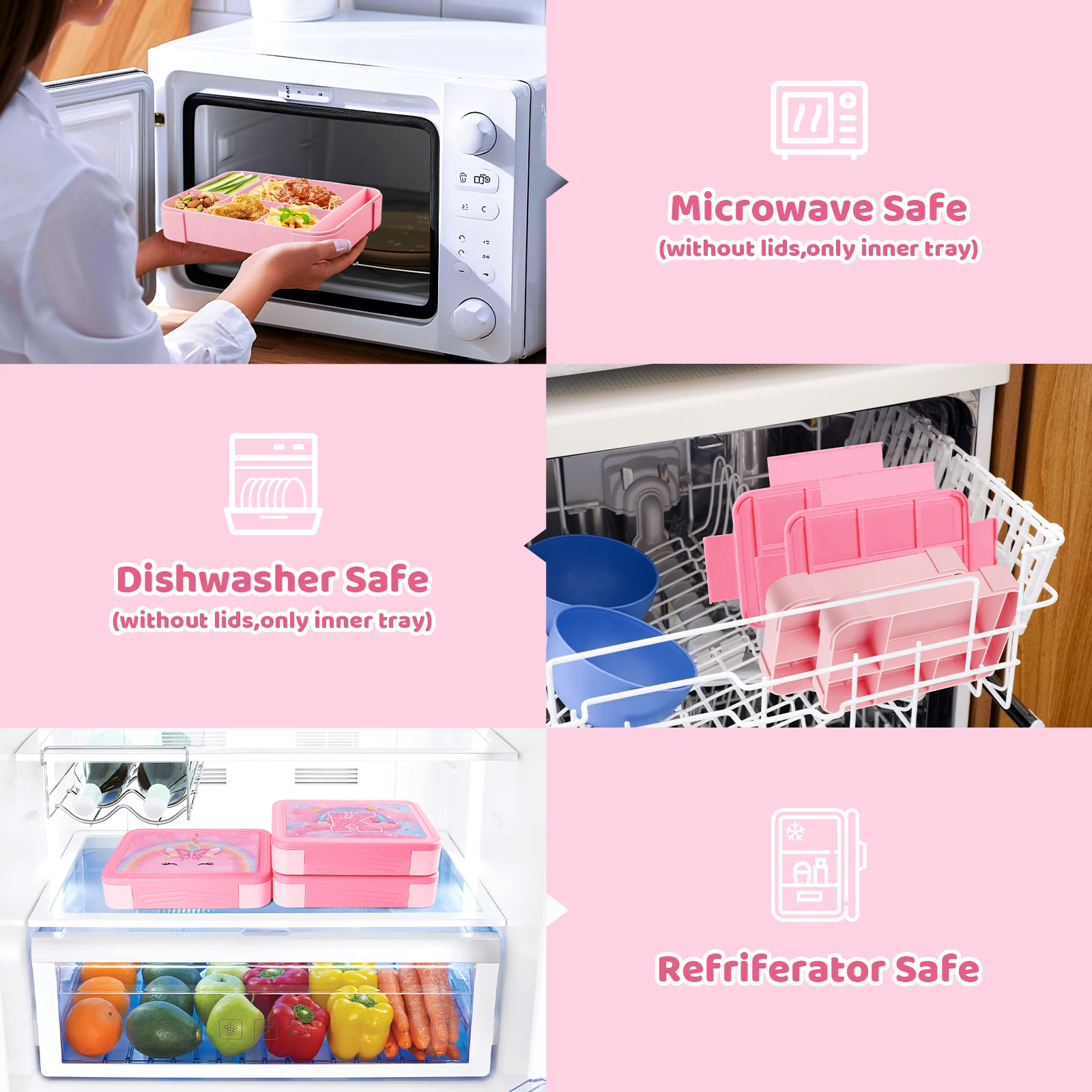 Pink Bento Lunch Box For Kids Girls Microwave Oven Bento Box With 6 Compartments BPA-Free Snack Food Container for School Picnic - 5