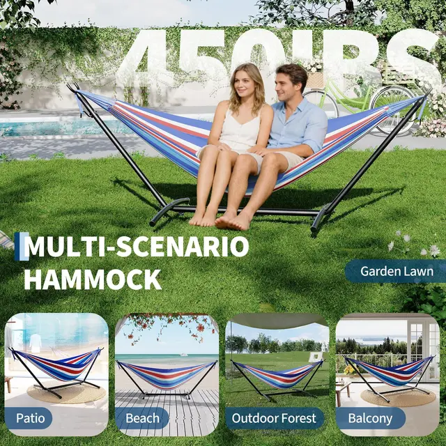 Double Hammock With Stand For 2 Persons, 450 Lbs Capacity Heavy Duty Hammock Set With Carrying Bag For Garden Patio & Indoor Use 1