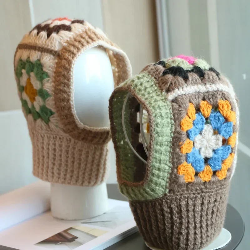 Handmade Crochet Balaclava Hats for Women Autumn and Winter Wool Knitted Pullover Beanies Cap Neck Warmer Female Hooded Caps 3