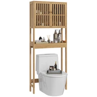 HOMCOM Bamboo Over the Toilet  Cabinet, Over Toilet Bathroom Organizer with Slatted Doors, Adjustable Shelf and Open Shelf, Natu 1