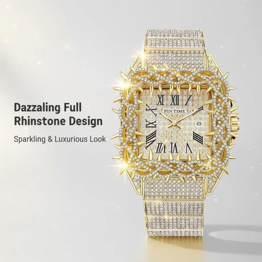 Hip Hop Men's Iced-Out Diamond Luxury Quartz Watch with Date Feature