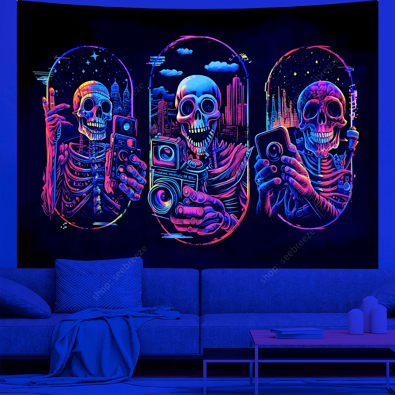 

Skull UV Reactive Tapestry Funny Punk Wall Tapestry Hippie Goth Tapestries Sugar Skeleton Tapestry Wall Hanging for Room Decor