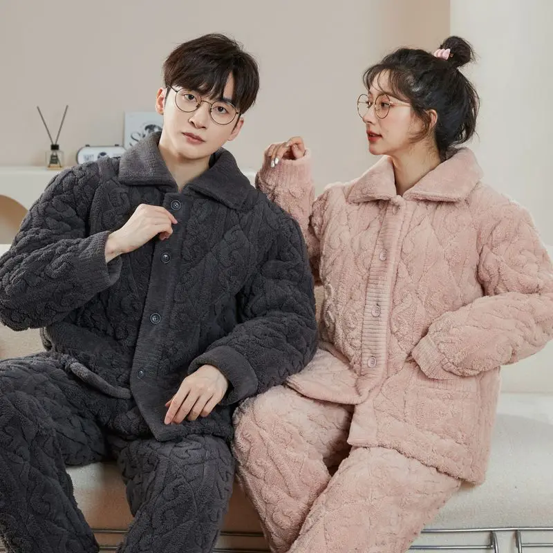 

Winter Three Layers Cotton-padded Couples Pajamas Women Coral Fleece Sleepwear Men Flannel Outside Wear Household Clothes Suits