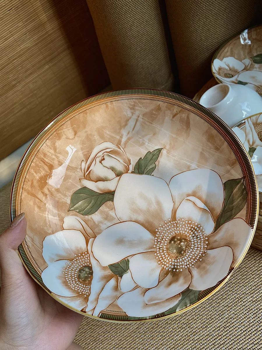 

High-End Camellia Ceramic Tableware Retro Bowl Plate Dish
