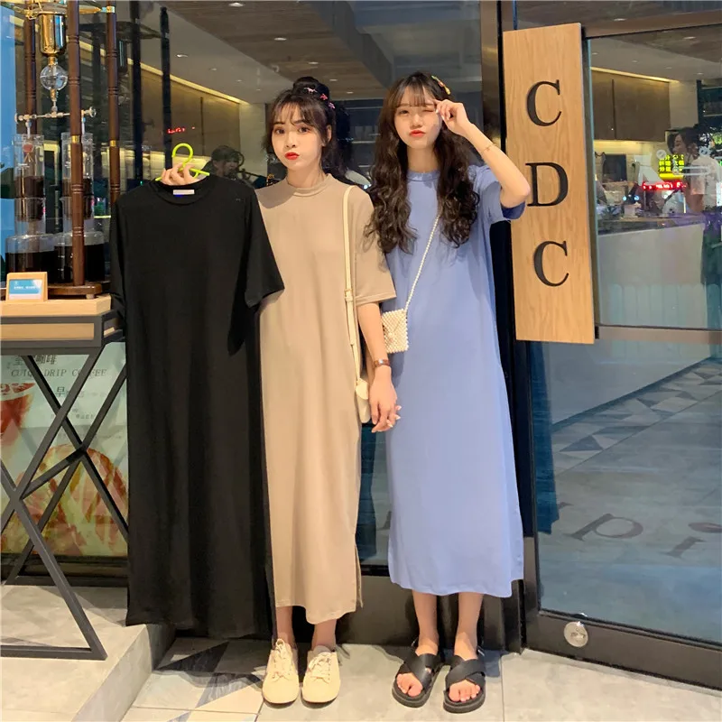 Casual Summer Dresses For Women 2024 Solid Short Sleeve Open Side Long Khaki Black Dress Vestido Feminino