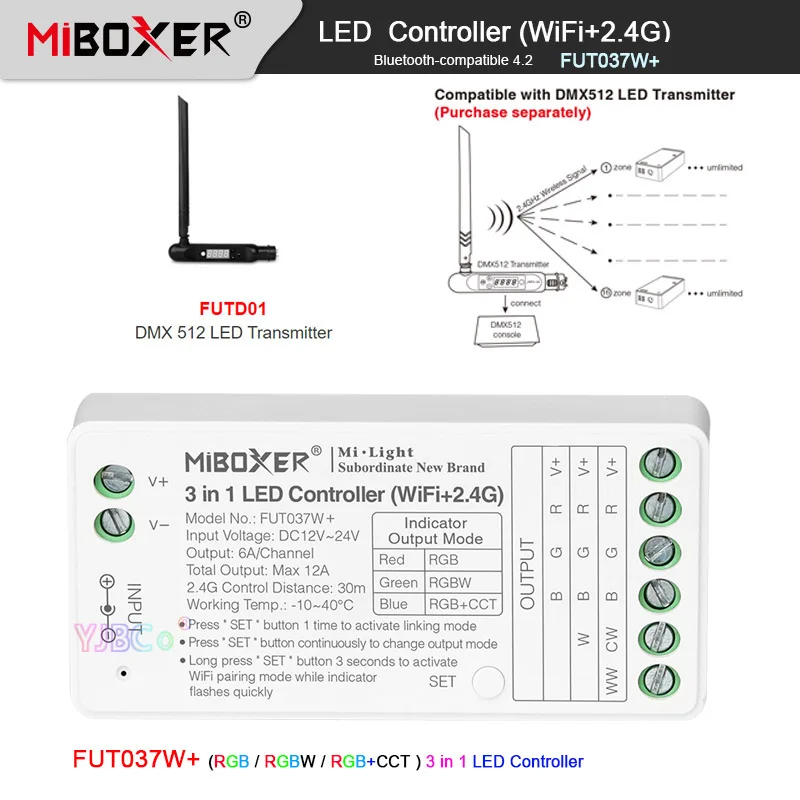 Miboxer Tuya 2.4G WiFi RGB/RGBW/RGBCCT 3 in 1 LED Strip Light Controller Bluetooth-compatible 4.2 12V 24V DMX512 LED Transmitter c28 bluetooth transmitter