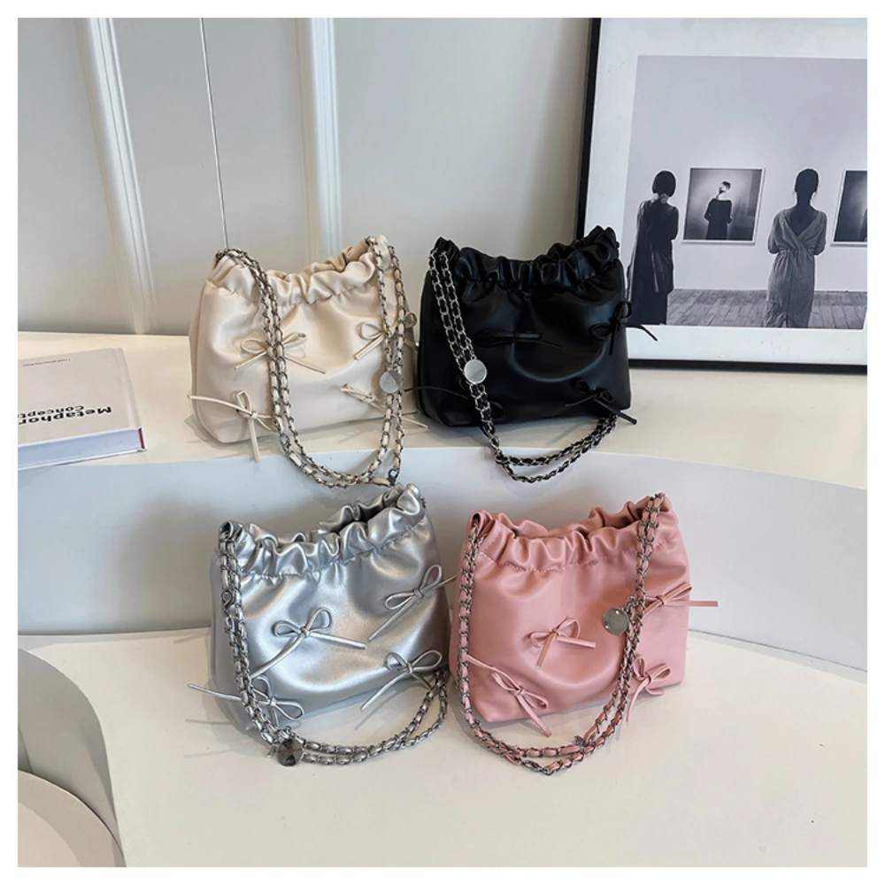 Sweet Korean Style Simple Designer Bucket Handbag Classic Bow Shoulder Bag Leather Tote with Metal Chain Wholesale Free Shipping