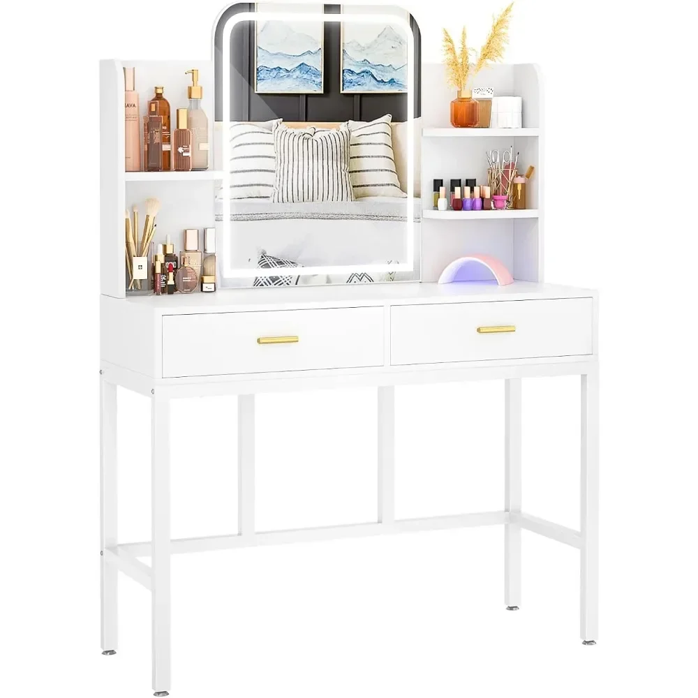 

Makeup Vanity With 2 Storage Drawers Vanity Desk With Mirror and Lights Makeup Dressing Table for Bedroom White Furnitures Light