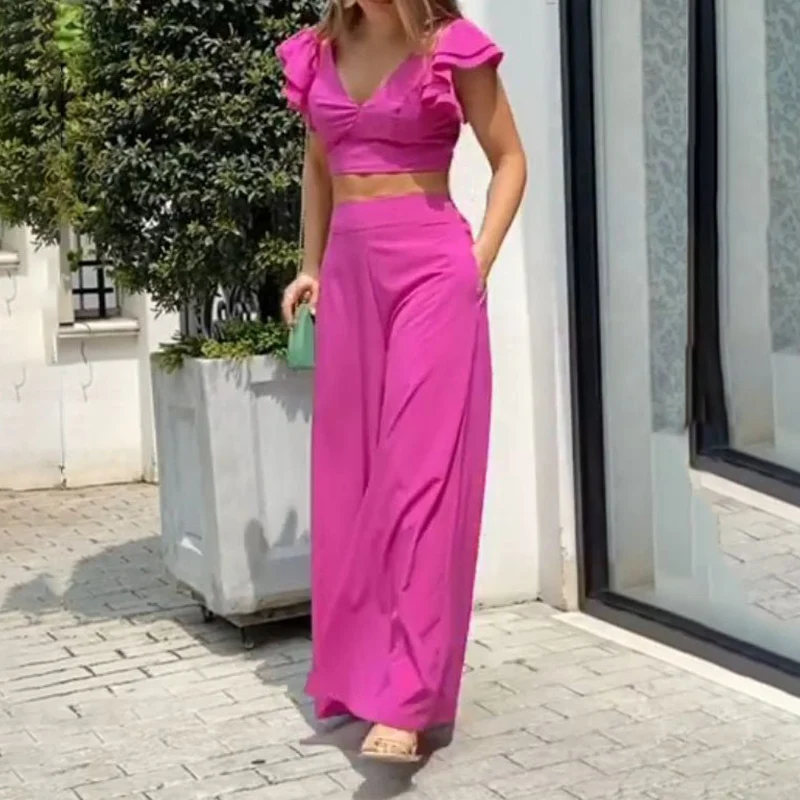Ellafads Women's Two Piece Set Butterfly Sleeve Solid Color Two-Piece Set Sexy V-Neck Top Wide Leg Pant