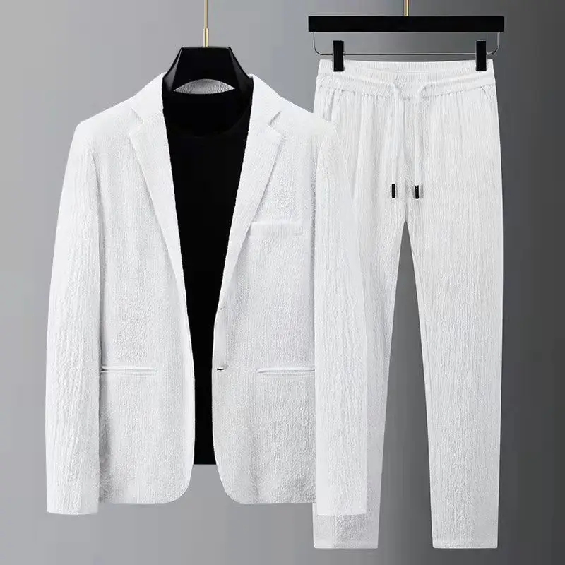 2025 New Fashionable Suit Men's Two Piece Set Striped pleated drawstring Pants Jacket Loose Thin Formal Business Men's Set