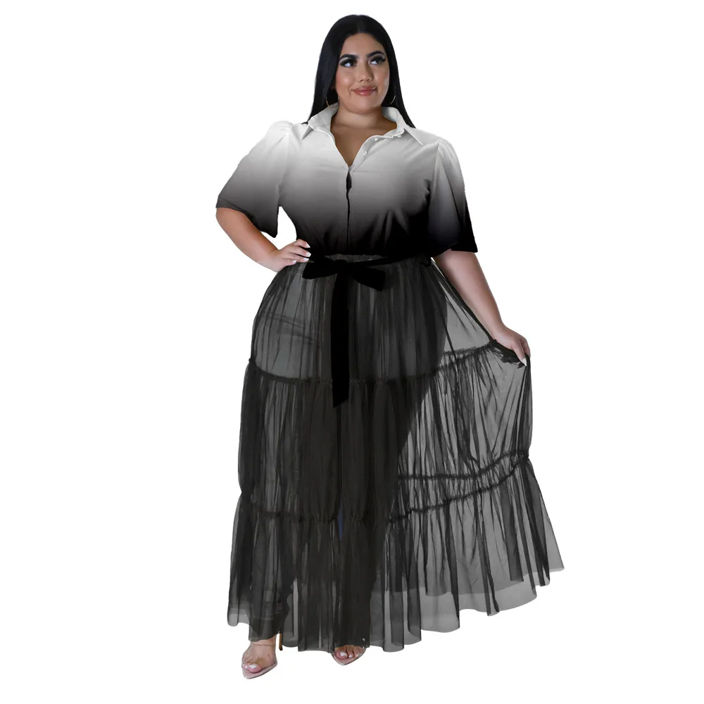 Plus Size Women Party Dress Tie Dye Mesh Elegant Dress Female Fashion Blouse Casual Graffiti Gowns 2022 Summer Belt Outfit