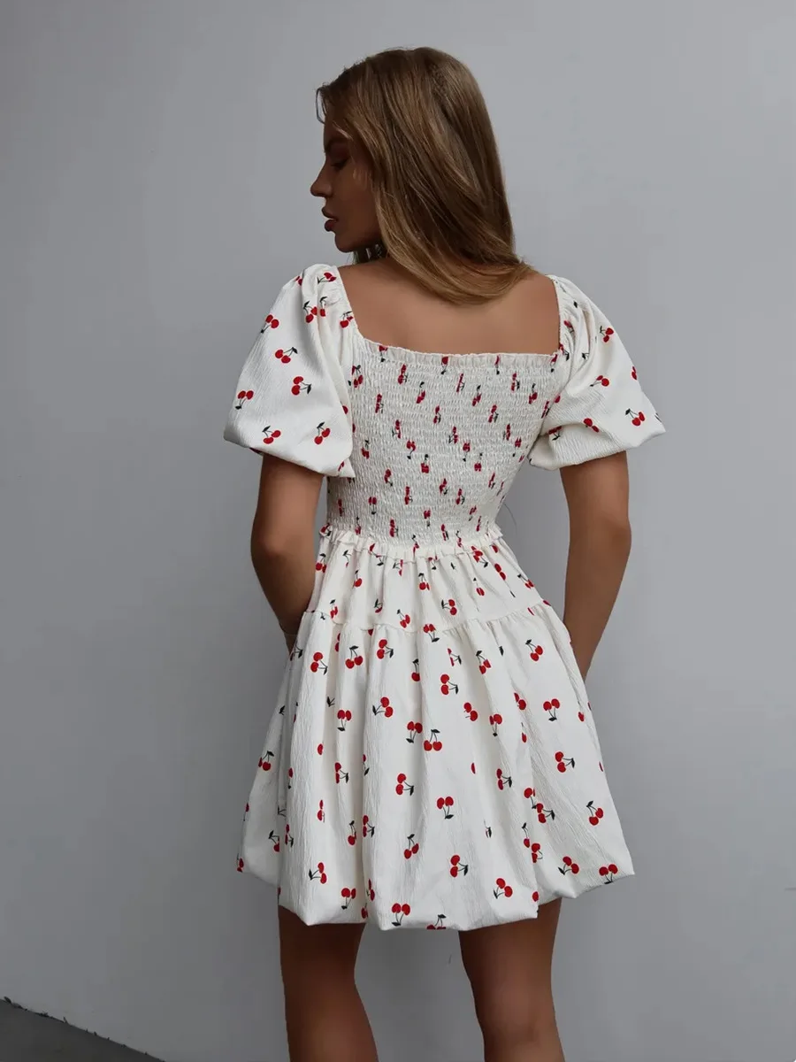Bornladies Square Neck Bubble Sleeve Dress Women's Summer New Waist Cinching Short Skirt Sweet Girl Printed Slim Fit Short Dress