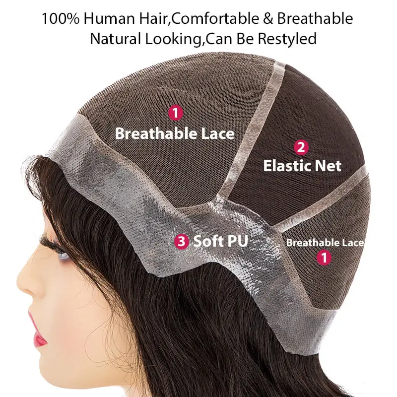 Pu intorno con pizzo traspirante annodato nel centro parrucche per capelli umani per le donne parrucca di capelli naturali reali parrucca lunga da donna da 12-22 pollici - immagine 2