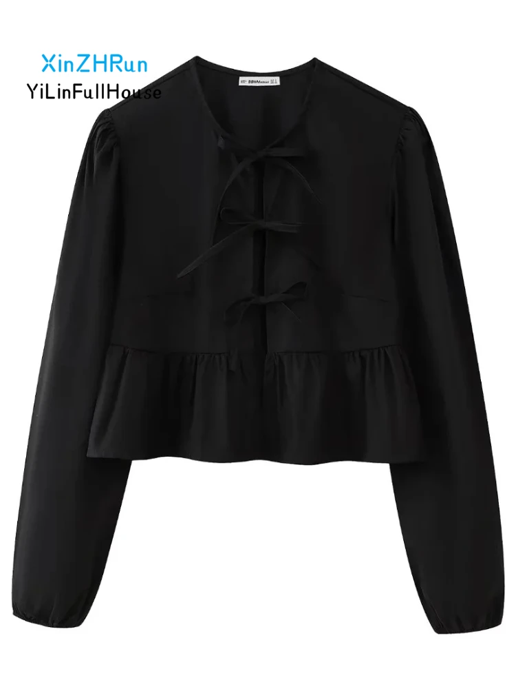 Spring  Summer New Women  Temperament Round Neck Bow Tie Patchwork Bubble Sleeve Top Women's Solid Color Casual Versatile Shirt
