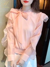  H Han Queen New Arrival Lace-Up Bow Shirts Womens Blouse Vintage Ruffles Casual Tops Autumn Blouse Elegant Loose Shirt Female 