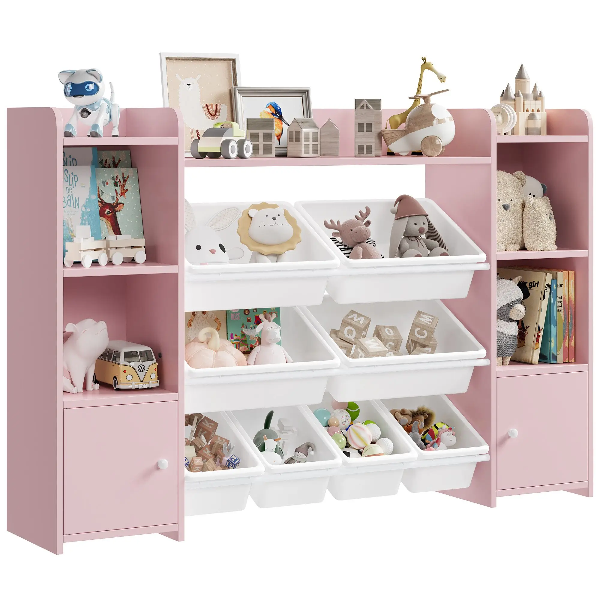 Children's Bookshelf Has 8 Storage Boxes and 4 Open Compartments Wooden Cube Bookcase