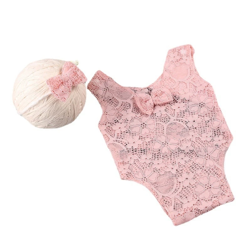 Newborn Photo Props Headband Lace Jumpsuit Posing Clothes Baby Photography Suit Backless Princess Romper Infant Costume