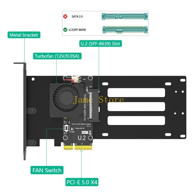 LX0B PCIe 5.0X4 U.2 SFF 8639 확장 카드(빠른 속도 드라이브 지원을 위한 활성 냉각 팬 포함)
