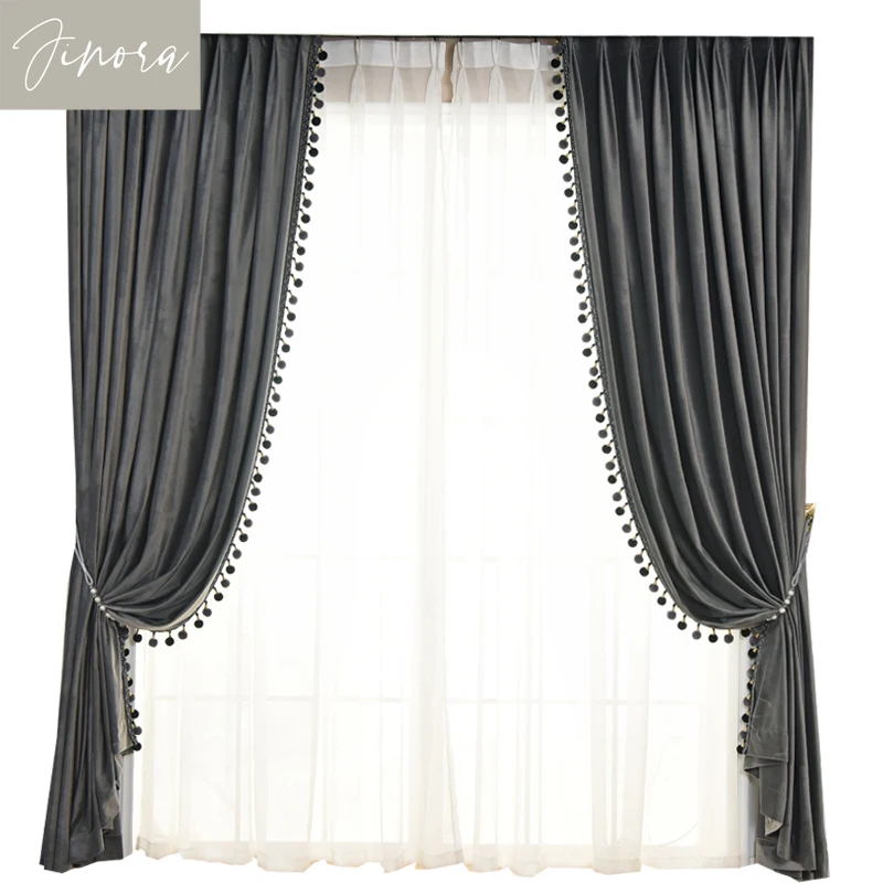 High-end European Velvet Curtains for Living Room Bedroom Solid Color Blackout Velvet Finished Product Customized Fur Ball Lace 5
