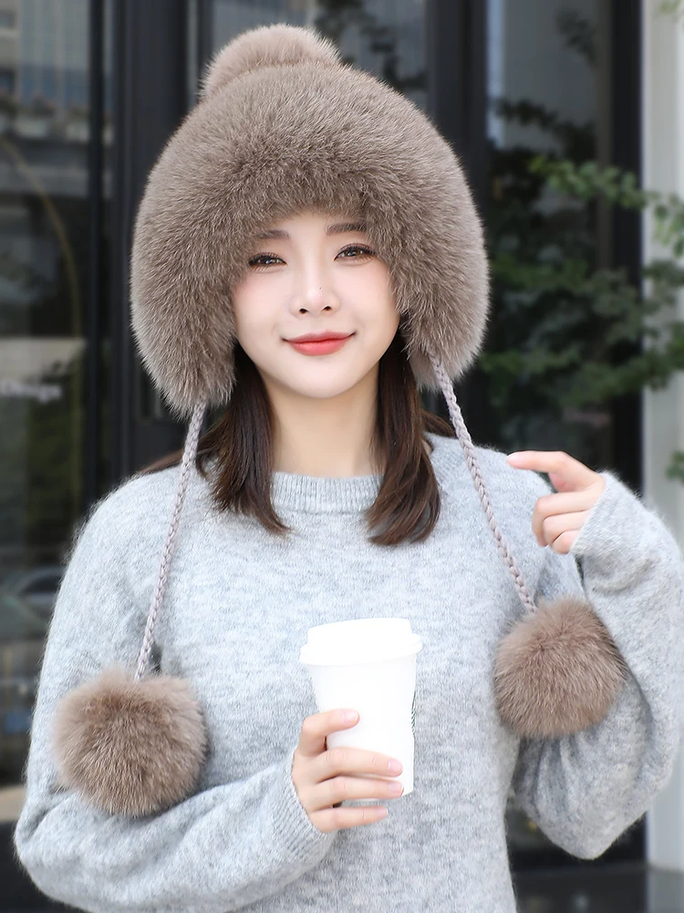 Real Mink Fur Hat with Fox Fur Ball Earmuffs Protective Cap Winter Hat for Women Russian Autumn Hat Fox Fur Beanies Fall Bonnet 2