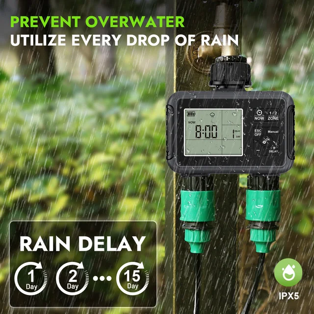 Water Timer Garden Irrigation System 2 Outlets Automatic Timing Valves Controller Rain Delay Watering Large LCD IPX5 Waterproof 4