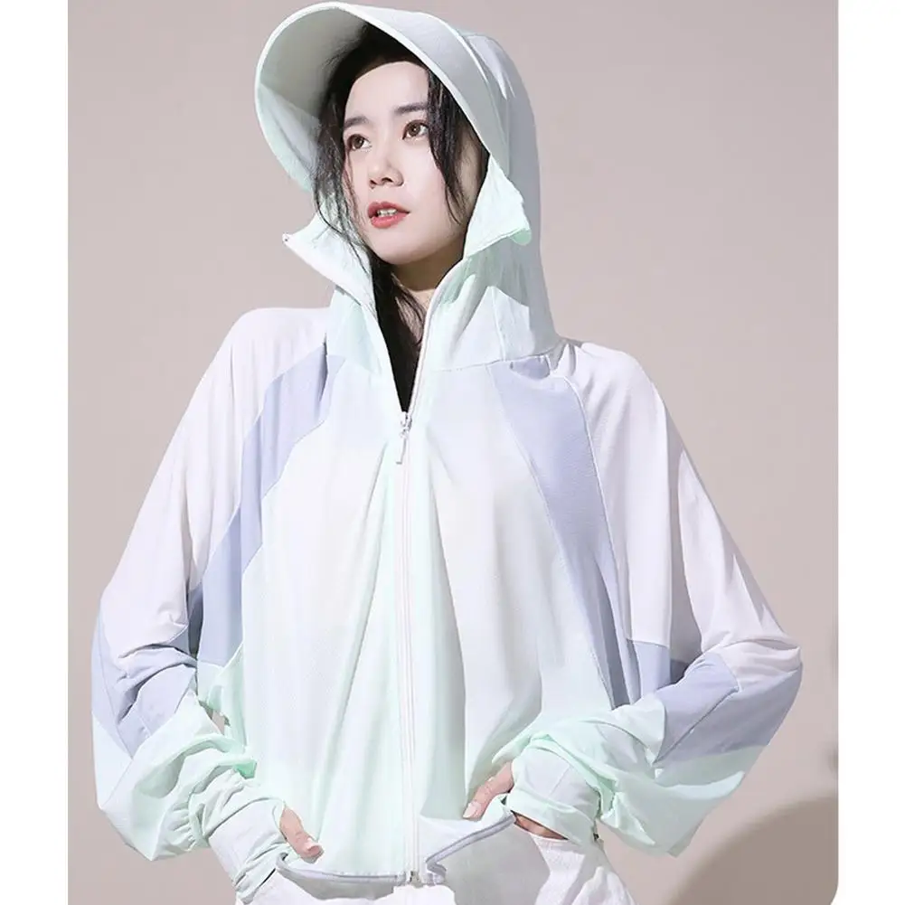 Women Sun Protective Clothing Summer Outdoor Breathable UV Protective Contrast Color Hooded Jacket For Hiking Camping Scooter
