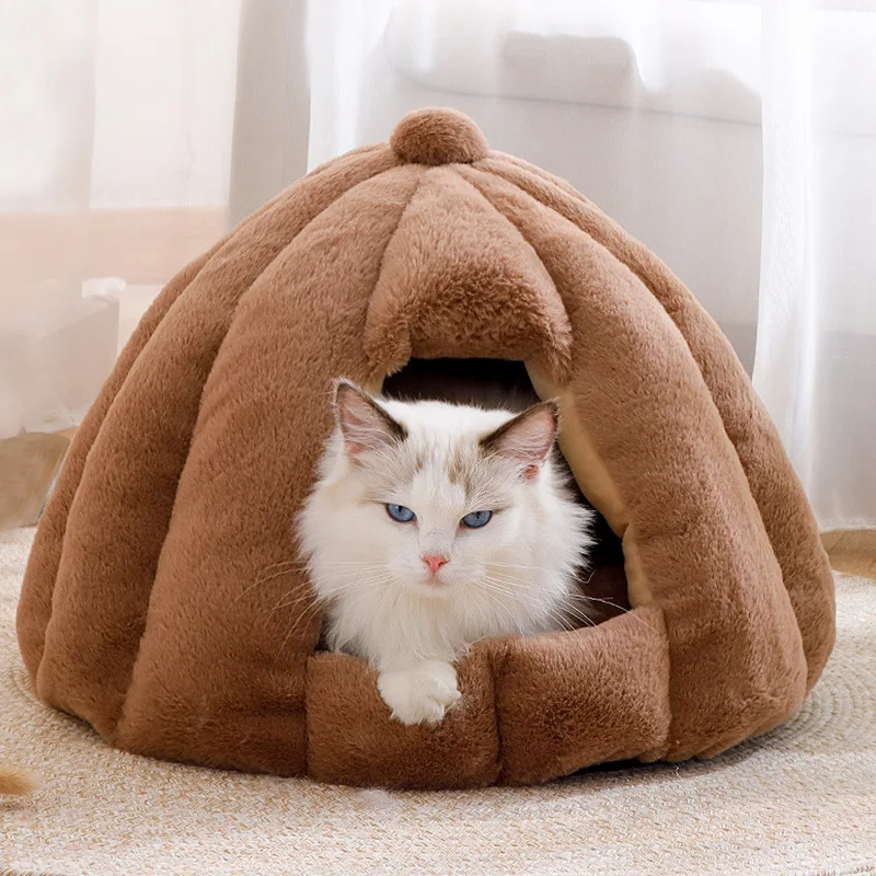 

Cute Cozy Cat Bed Soft Plush Winter Warm Cat Nest Pet Bed House with Cushion PP Cotton Deep Sleeping Tent for Cats Pet Supplies