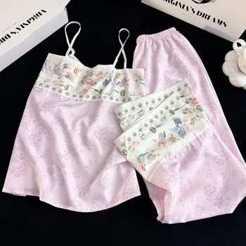 Women's Floral Print Spaghetti Strap Top & Long Pants Pajama Set Summer Ice Silk Lounge Wear 2 Piece Set Casual Breathe Homewear