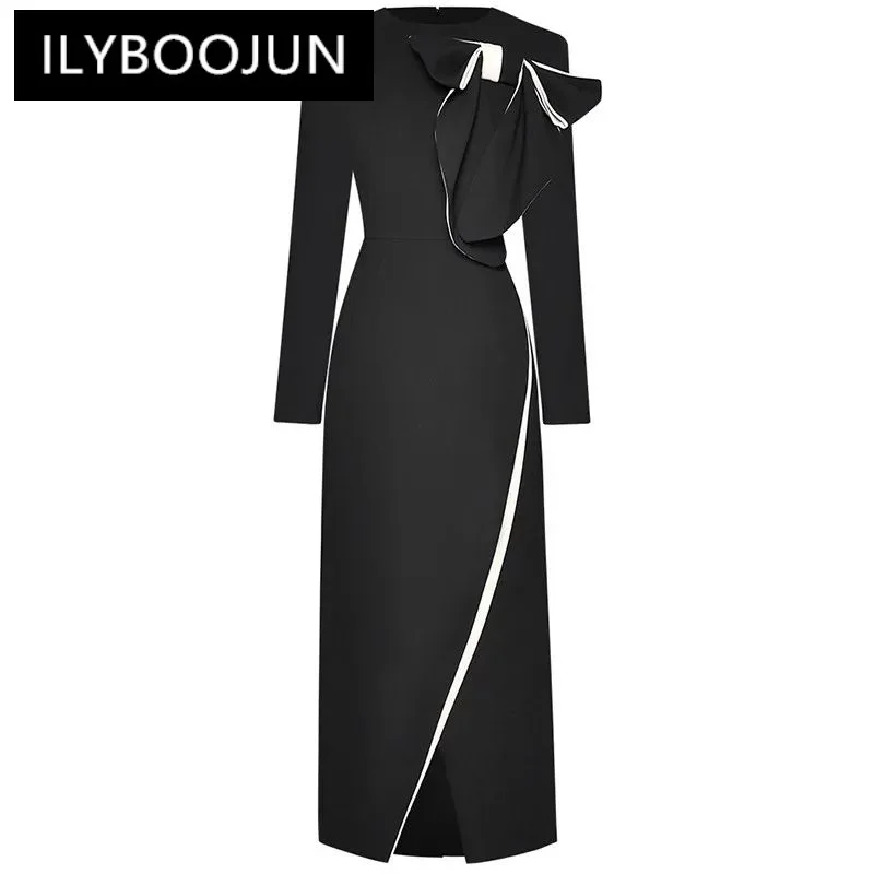 

ILYBOOJUN Fashion Designer Autumn Women's dress Long sleeved Bow Slim Package hip Elegant Commuter Split Dresses
