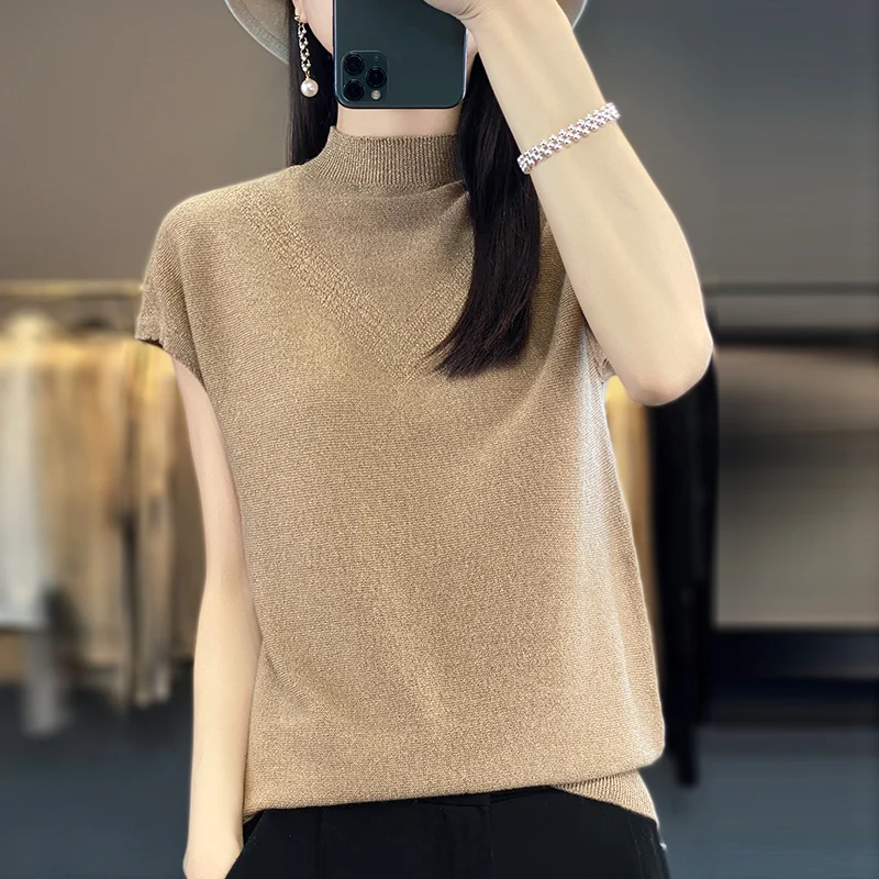 

Worsted Wool Knitted Short-Sleeved Women's Half-High-Necked Summer Solid Color Pullover Loose Thin Bottoming Half Sleeve