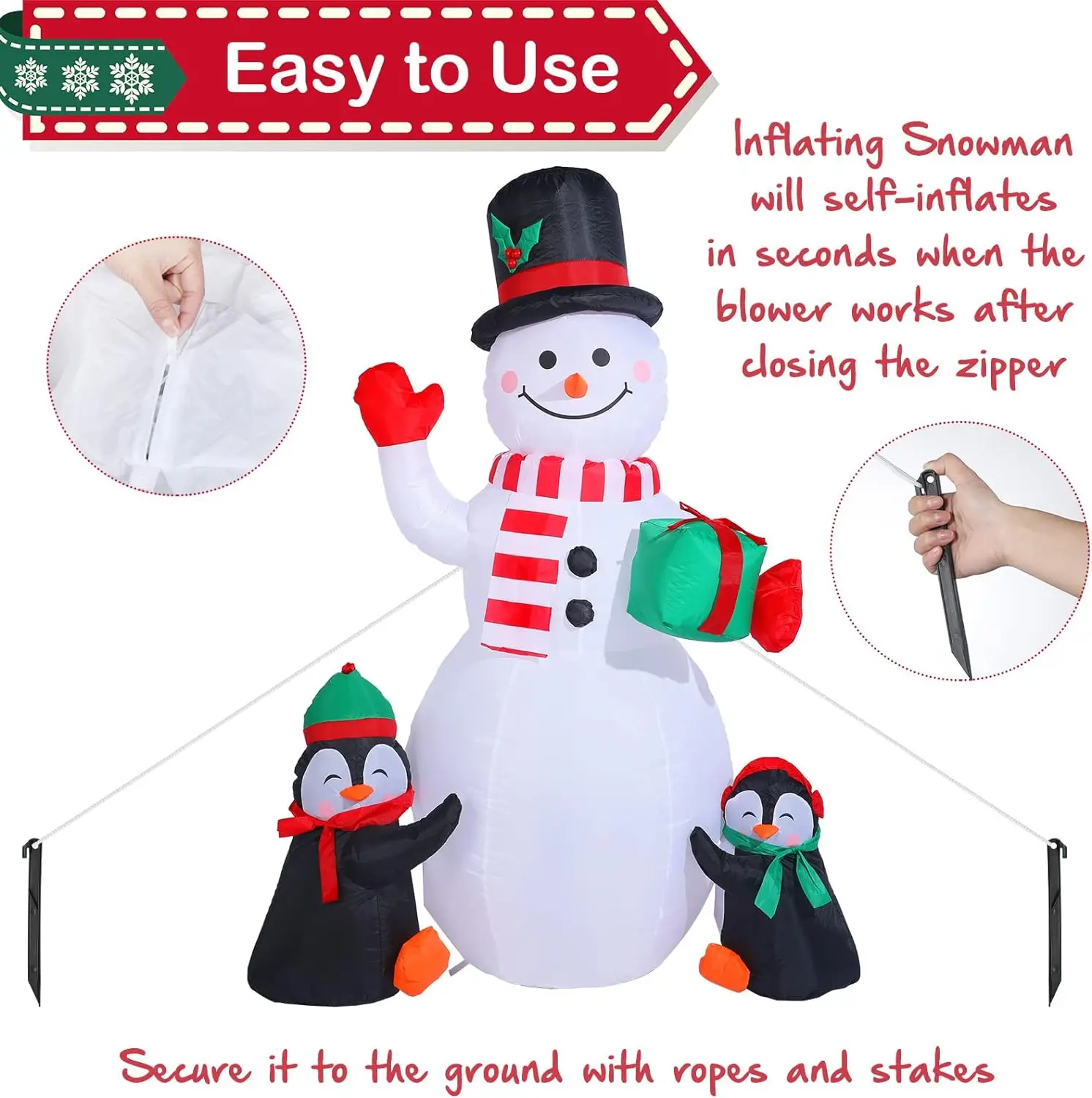 6ft Height Christmas Inflatable Snowman and Penguins with Colorful Rotating Led Lights Blow up Outdoor Yard Decoration Kids Toys