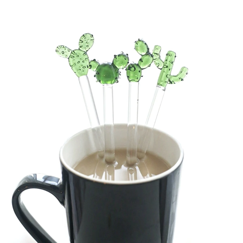 Novel Swizzle Sticks Glass Coffee Stirrers Cactus Shape Stirring Sticks Reusable Stirrers Stir Cocktail Drink 87HA, cocktail stir sticks