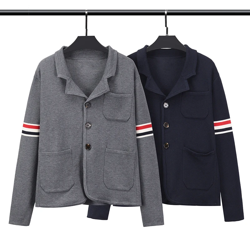 

TB THOM Men SuitJacket Fashion Brand Thicked Keep Warm Blazer Classic Double Breasted Stripe Wool Knit Formal TB Coat