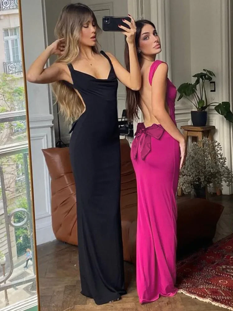 

Laxsesu Bow Backless Bodycon Maxi Dress for Women 2024 Fashion V Neck Sleeveless Backless Club Party Sexy Long Dress New