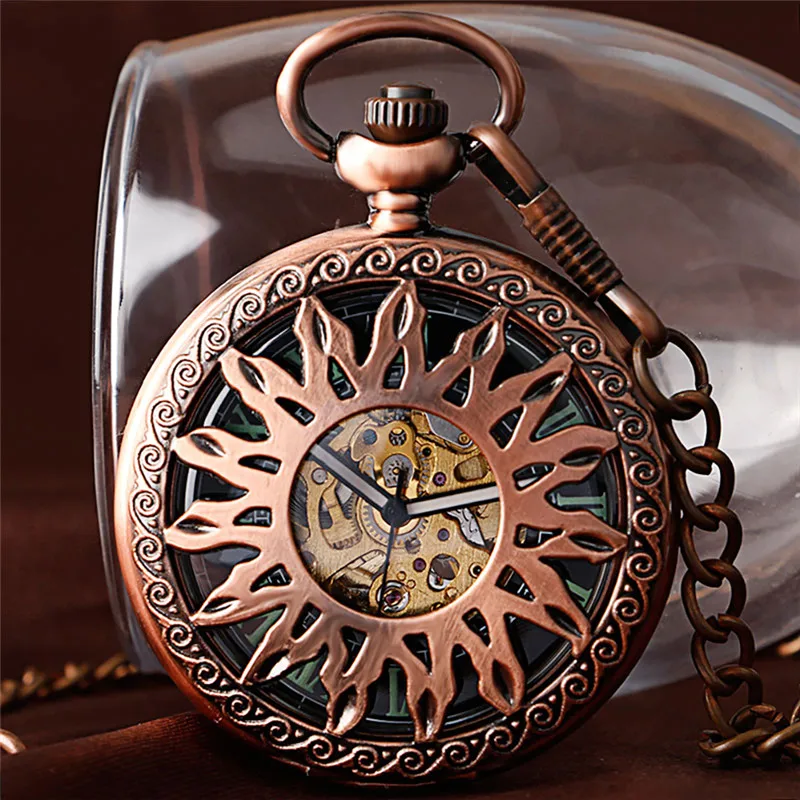 Red Copper Hollow Out Case Unisex Automatic Mechanical Pocket Watch Sunflower Design Roman Number Dial Pendant Chain Clock Gift
