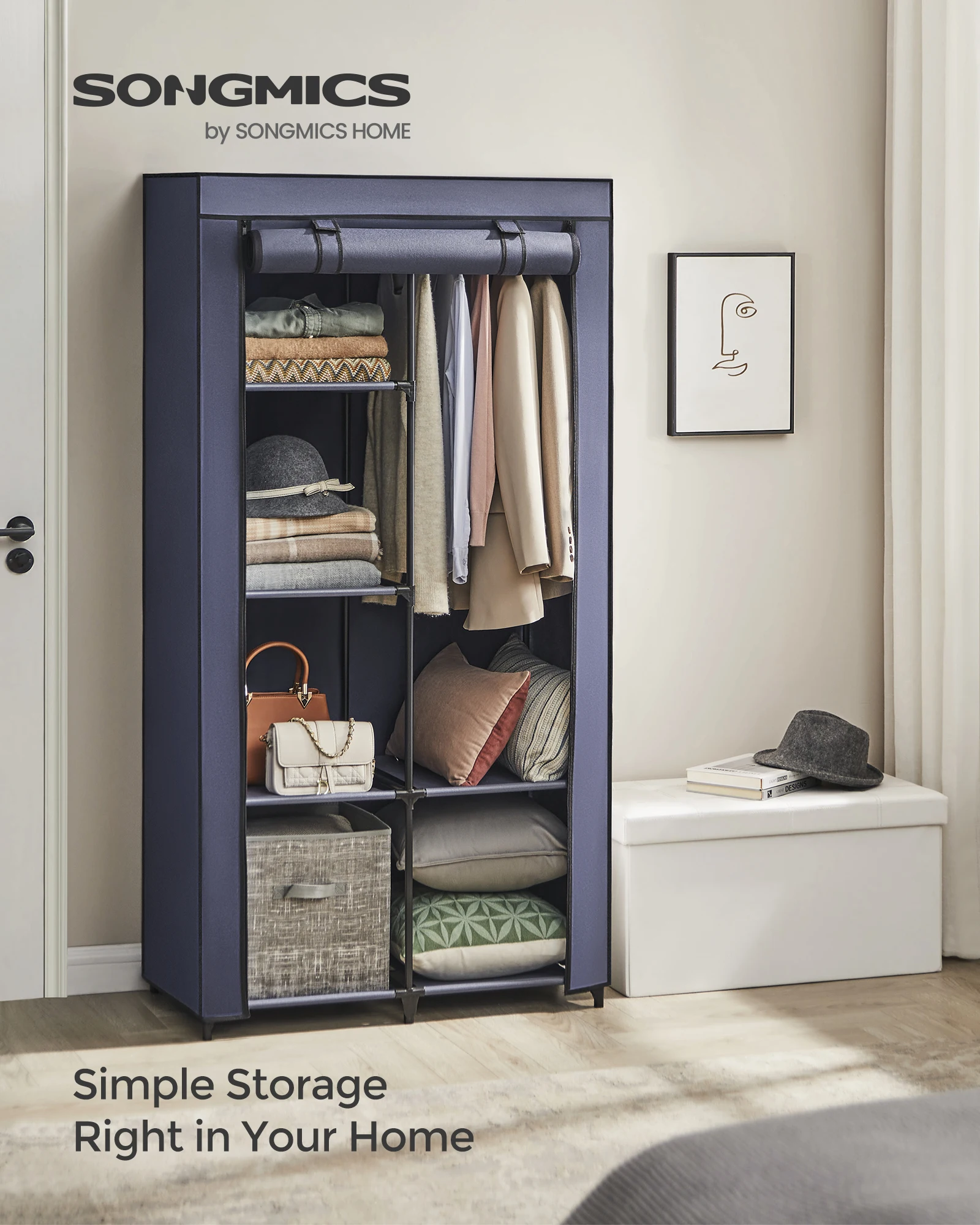 SONGMICS Portable Closet, 34.6 Inch Large Capacity Wardrobe Closet Organizer with Fabric Cover, Hanging Rods and Shelves 2