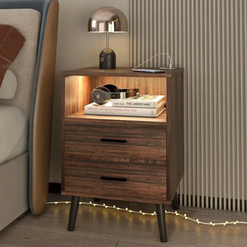 

Nightstand with Charging Station and USB Ports, Rustic Brown Bedside Table with Open Shelf, 2 Drawers, Night Stands