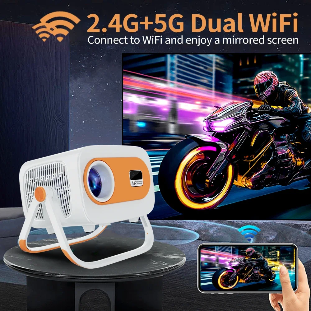 Projector 4K Android 13 Wifi6 280ANSI BT5.0 1280P*720P 360 Degree Rotating with Handle Home Cinema Outdoor Portable