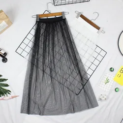 2023 Korean Style Fashion Summer Long Sheer Mesh Skirt For Women See Through Black White A Line Tulle Maxi y2k Skirt