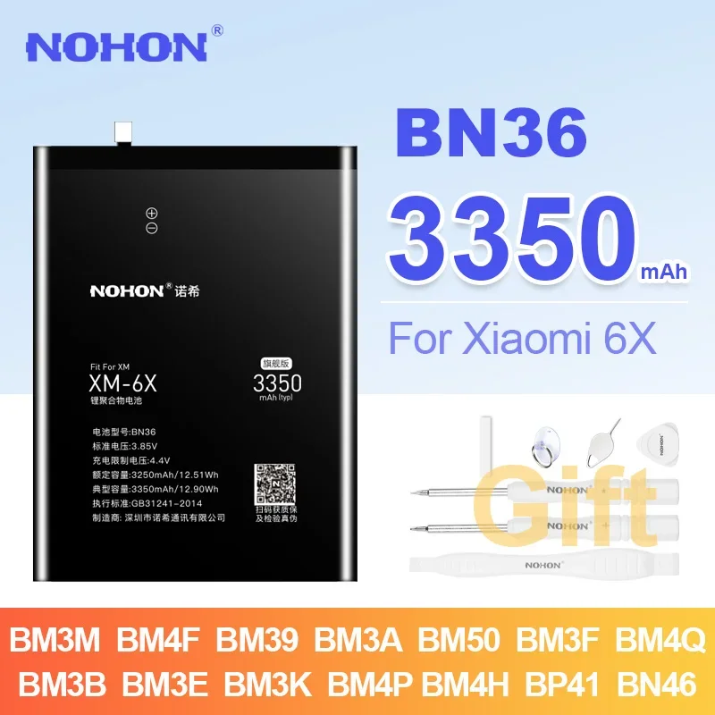 

NOHON BN36 Phone Battery for Xiaomi 6X 5X 5 9 8 SE CC9 4C 2 10 Lite 11 Pro Max Mix BM3L BM3J BN31 High Capacity Bateria