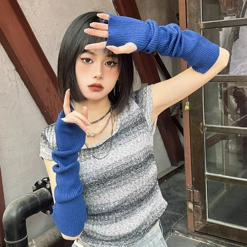 Y2K Fingerless Mittens Women Knitted Gloves Cosplay Anime Gloves Winter Arm Warmers Punk Gothic Harajuku Knit Mitten Arm Sleeves