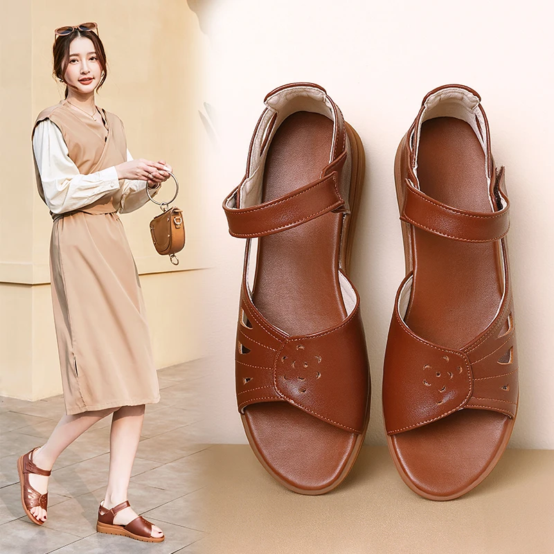 DIMANYU Fish Mouth Sandals Women's Summer 2024 New Real Leather Mom Sandals Soft sole Non-slip Ladies Sandals