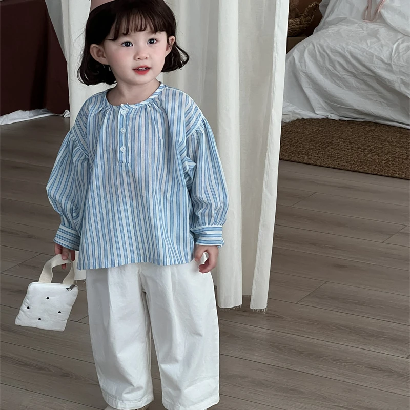 Pants Girl Boy Autumn Korean Cotton Washed Straight Simple Button Pleated Comfortable Cute Sweet