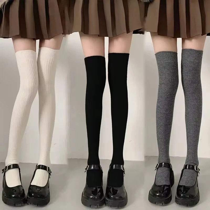 Woman Wool Socks Autumn/Winter Solid Color Thigh High Medias Lolita Thick Warm Stockings for Female