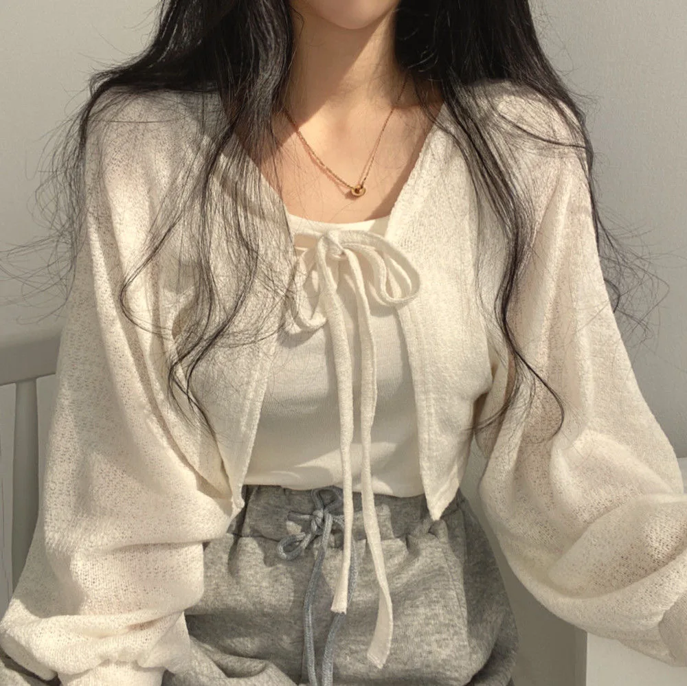여성용 화이트 가디건, 자외선 차단, 레이스업 니트웨어, 한국 스타일, 랜턴 소매, 짧은 코트, 3 가지 색상, 여름 패션