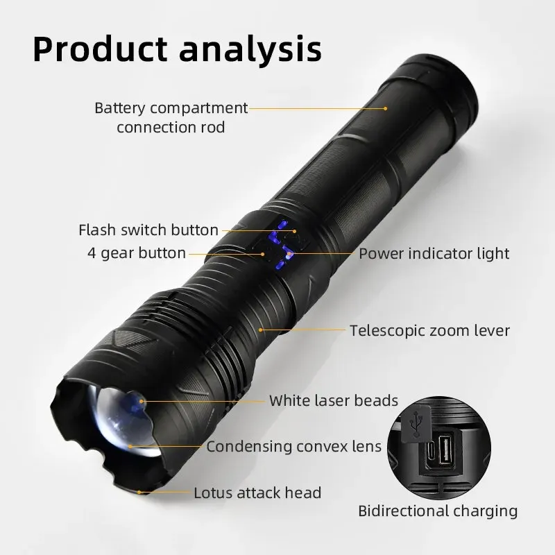 고출력 전술 충전식 LED 줌 손전등, 장거리 매우 강력한 랜턴, USB 충전 램프 토치, 표시기 포함