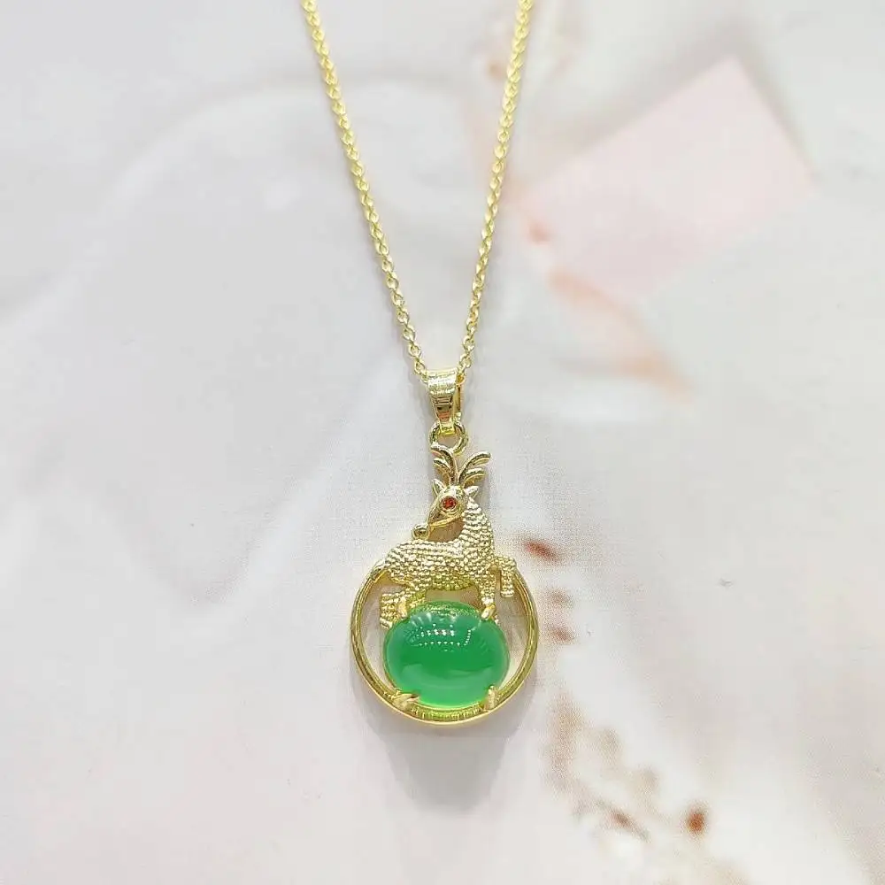 Copper Inlaid Chrysoprase pendants Natural Jade Chalcedony Deer Pendant Necklace Fashion Women Charms Jewellery Gifts