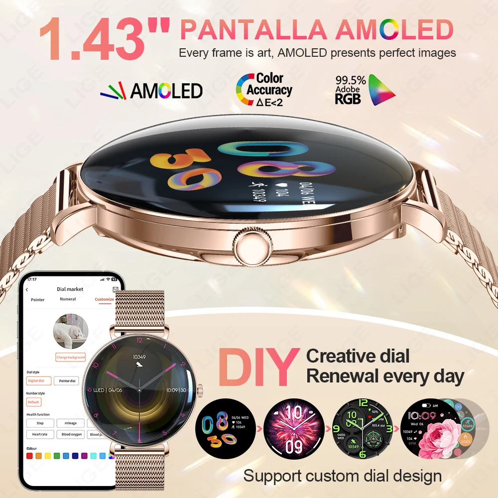 LIGE 1.43inch AMOLED Ultra HD Screen Fashion Ladies Smart Watch Bluetooth Call Smartwatch Metal Ultra thin Bracelet Watch Woman