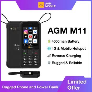 AGM M11 4G Rugged Phone IP68 Waterproof 4000mAh Removable Battery Wi-Fi Hotspot Reverse Charging FM Radio for Outdoor